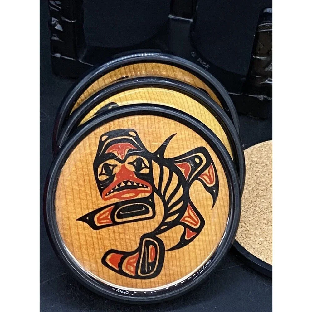 BOMA Coasters Lot 4 With Totem Holder Red Cedar Made In Canada First Nation